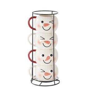 Holiday Time Snowman Stacking Ceramic Mug Set 12 OZ 4-Piece W/Rack NEW!!